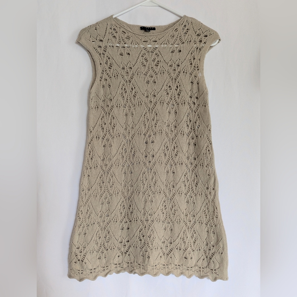 Sisley Womens XS Crochet Dress Taupe Lace Mini See through Sweater Wool Accent